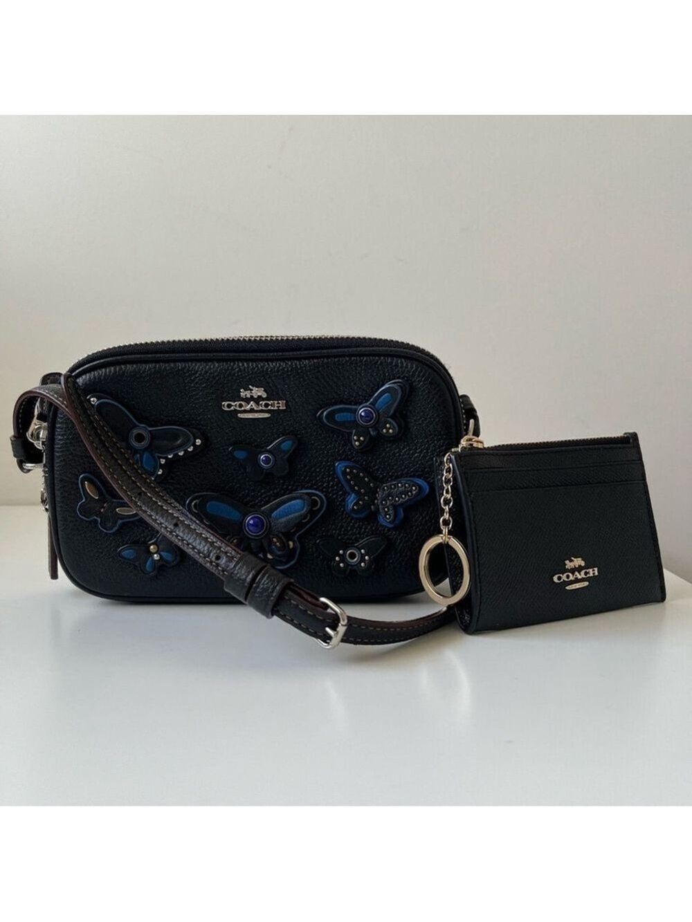 Coach Butterfly Applique Black Blue Butterfly Leather with cards, coins, id case - Picture 1 of 11